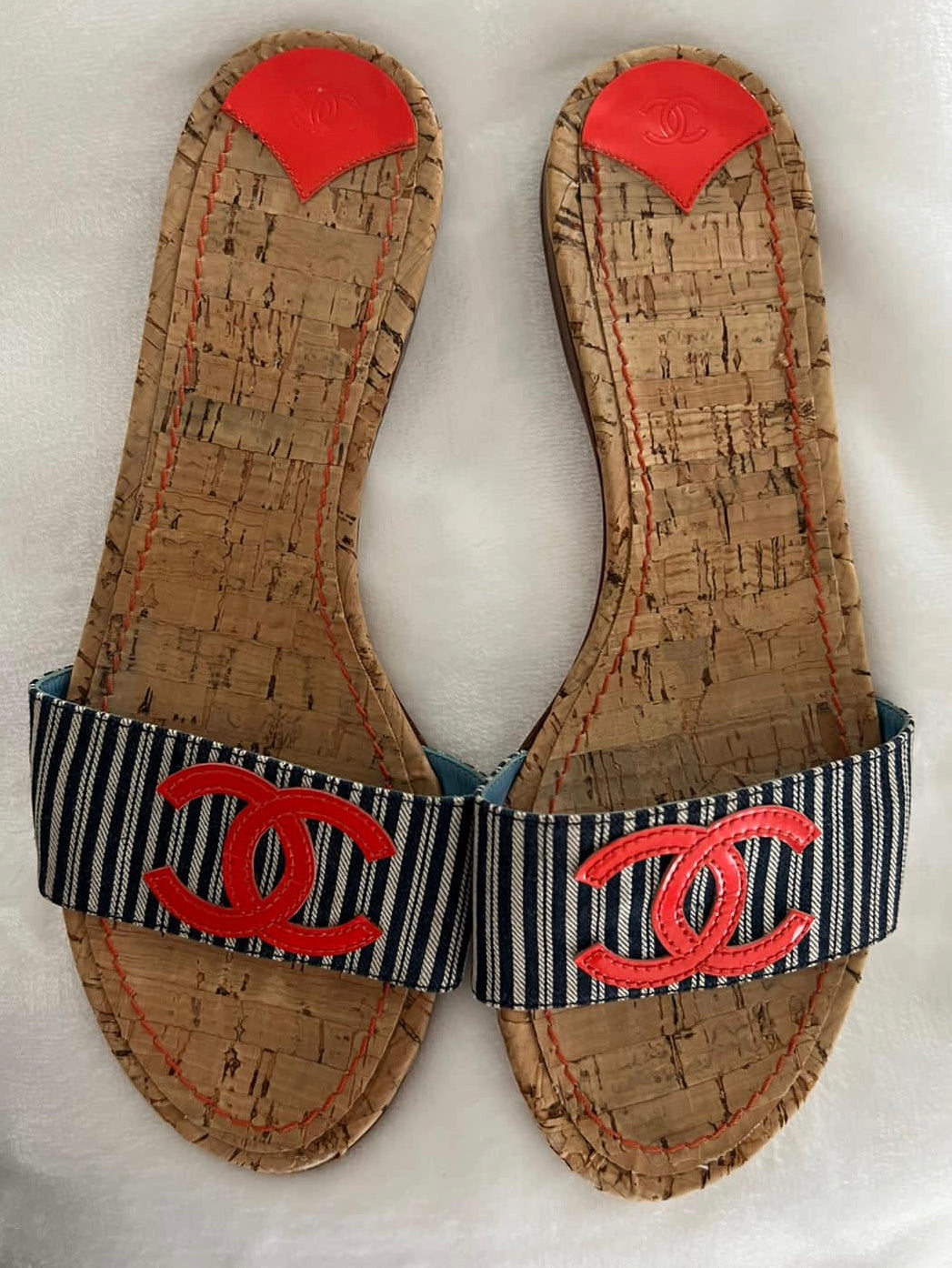 Chanel Stripe Denim Summer Slides Orange CC Cork Sandals EU 39.5 US 8.5/9