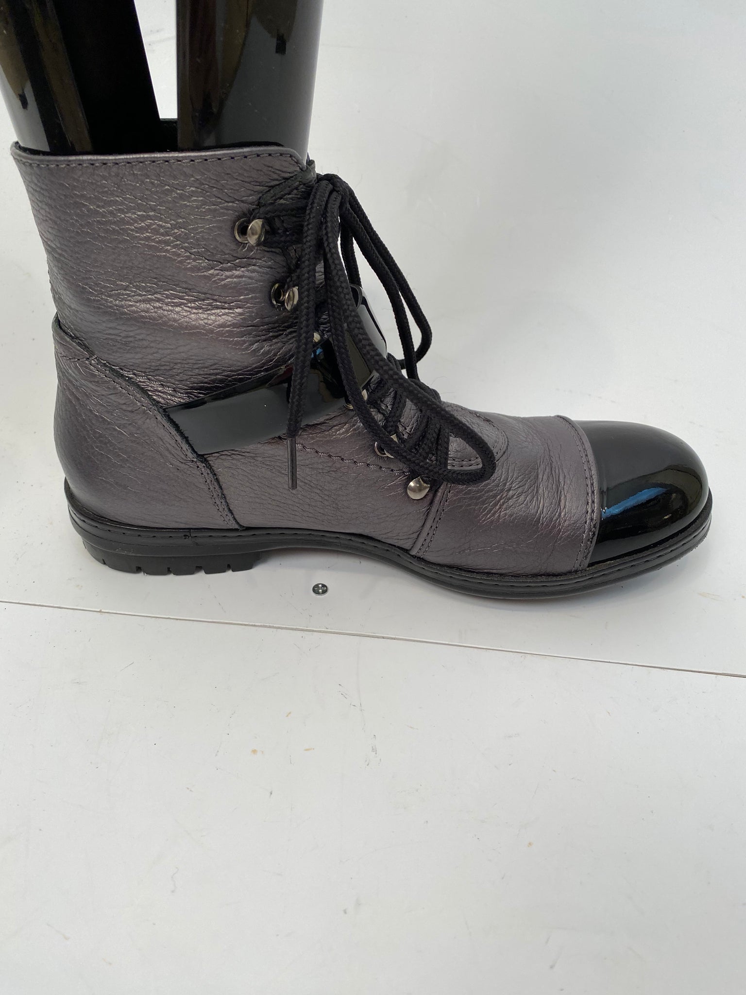 Chanel 05, 2005 Metallic Grey Black Patent Leather Biker Combat Short Ankle Boots Boots EU 37 US 6/6.5