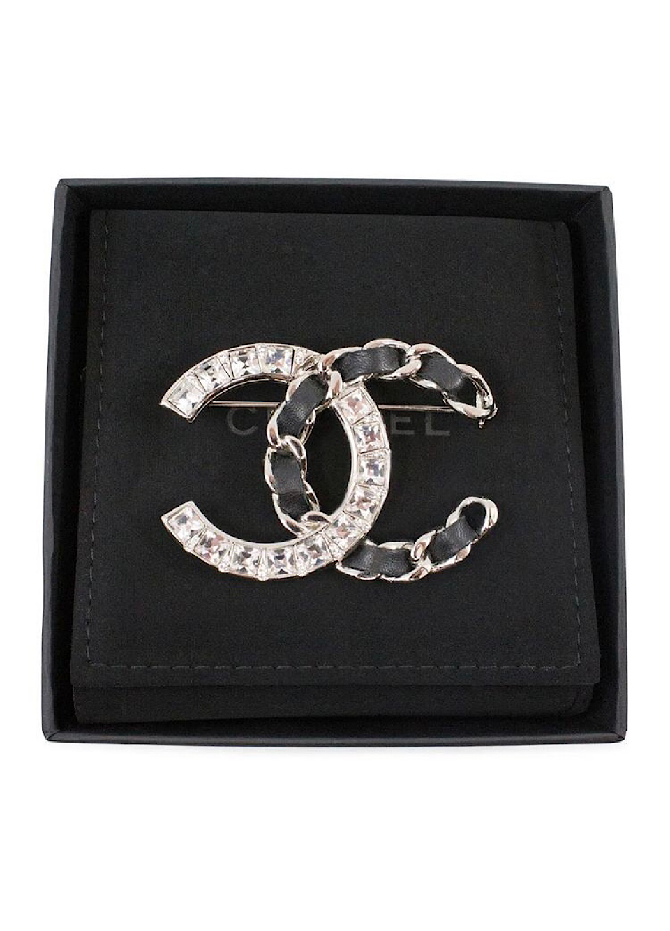 Chanel 2018 Black Woven Lambskin CC Crystal Baguette Pin Brooch HelensChanel