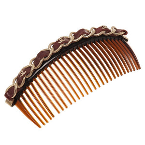 Chanel 2013 Bordeaux Burgundy Leather Hair Decorative  Accessory Comb Barrette Gold CC Logos