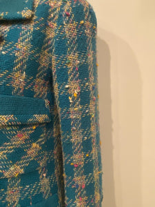 93P, 1993 Spring Rare Chanel Vintage Turquoise Pink Tweed Jacket FR 40 US 4/6