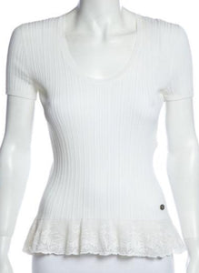 Chanel 06P 2006 Spring white ribbed Lace T-shirt Tee Top FR 46 US 10-12