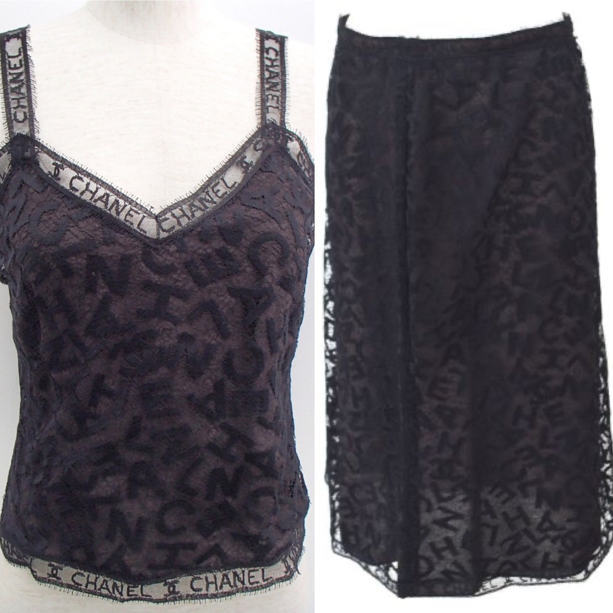 Rare! Chanel Vintage 98A Fall Logo Black Lace Tank top Blouse Camisole  Skirt Set FR 38 US 4