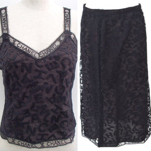 Rare! Chanel Vintage 98A Fall Logo Black Lace Tank top Blouse Camisole Skirt Set FR 38 US 4
