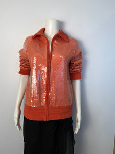 Chanel 2008 Cruise 08C Salmon Coral Orange Sequin Terry Cloth Bomber Jacket FR 40