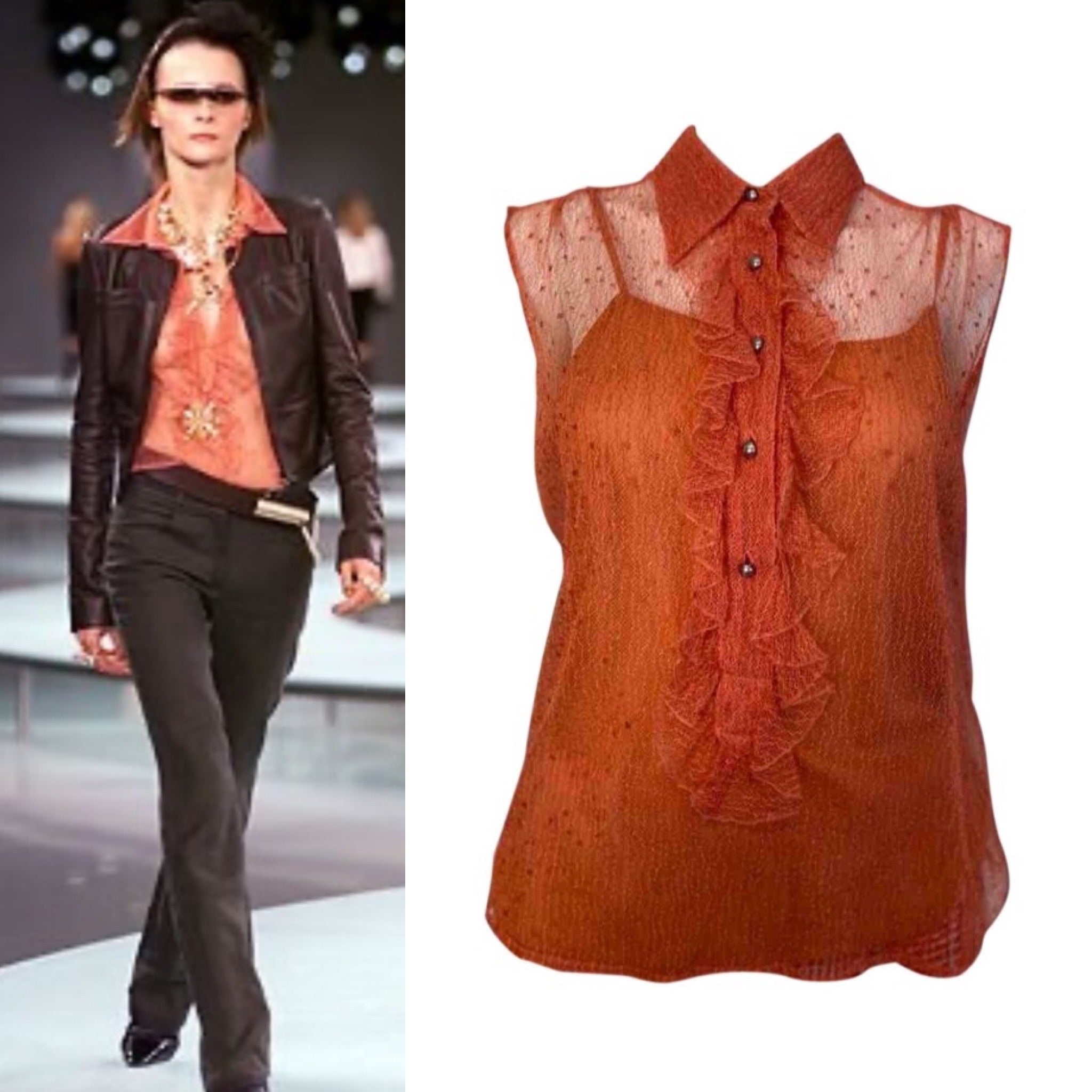 HelensChanel Vintage Chanel 02p, 2002 Spring 2-Piece Orange Top Blouse Camisole Sheer Lace Set FR 38