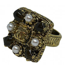 Load image into Gallery viewer, Chanel 11A 2011 Fall Square Gold Tone Pearl Red Stone Cocktail Ring Size 54 US 6 1/4