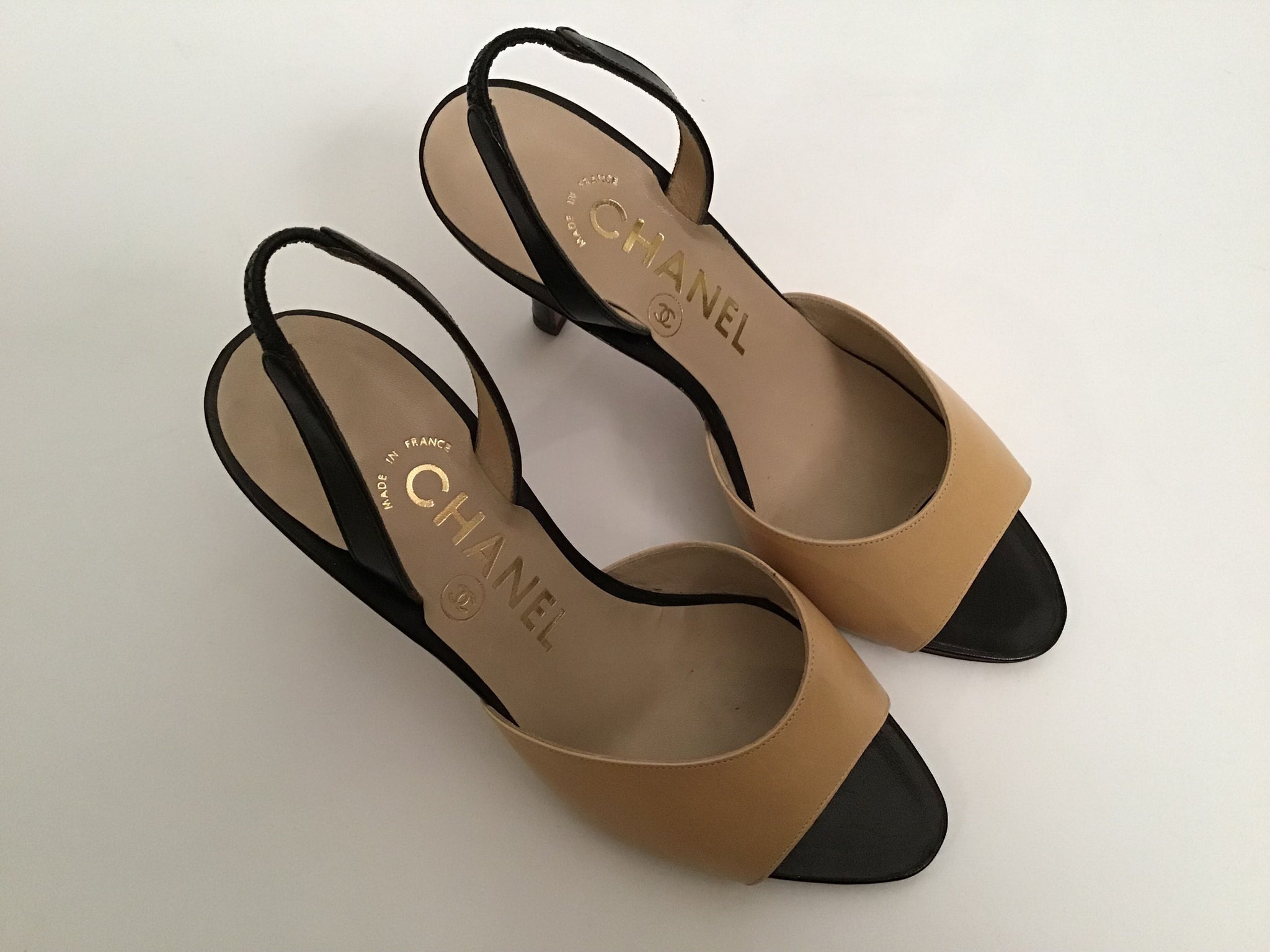 New Chanel peep toe sling backs bicolor beige tan black heel