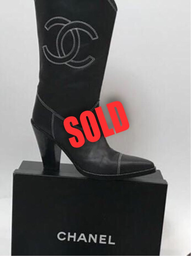 Chanel Winter 1998 Runway White Black Leather Square Toe Western Boots Size  5.5 For Sale at 1stDibs