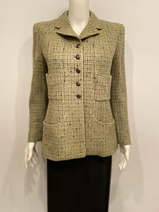 97a, 1997 Fall Vintage Chanel Green Tweed Jacket FR 42 US 6/8