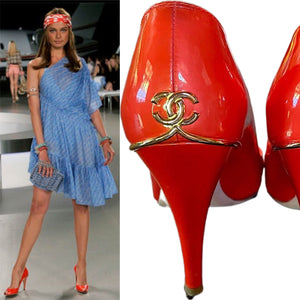 Chanel 08C, 2008 Cruise Patent Leather Orange Peep Toe Pump Heels EU 3 –  HelensChanel
