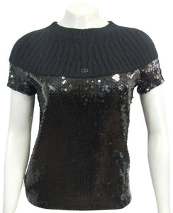 Chanel 07A 2007 Fall Autumn Black Sequins Short Sleeve ribbed cashmere sweater top blouse FR 38 US 4