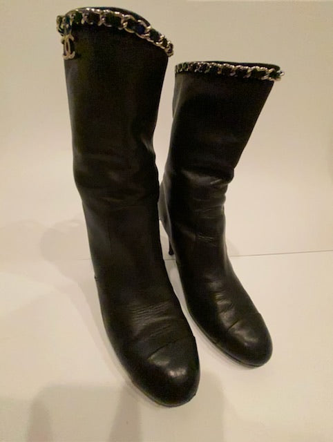 Authentic Chanel Black Leather CC Logo Over The Knee Wedge Boots Sz EU 40  US 10