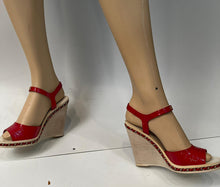Load image into Gallery viewer, Chanel 14P 2014 Spring Patent Leather Red Chain Wedge Heel Sandals EU 38.5 US 7.5