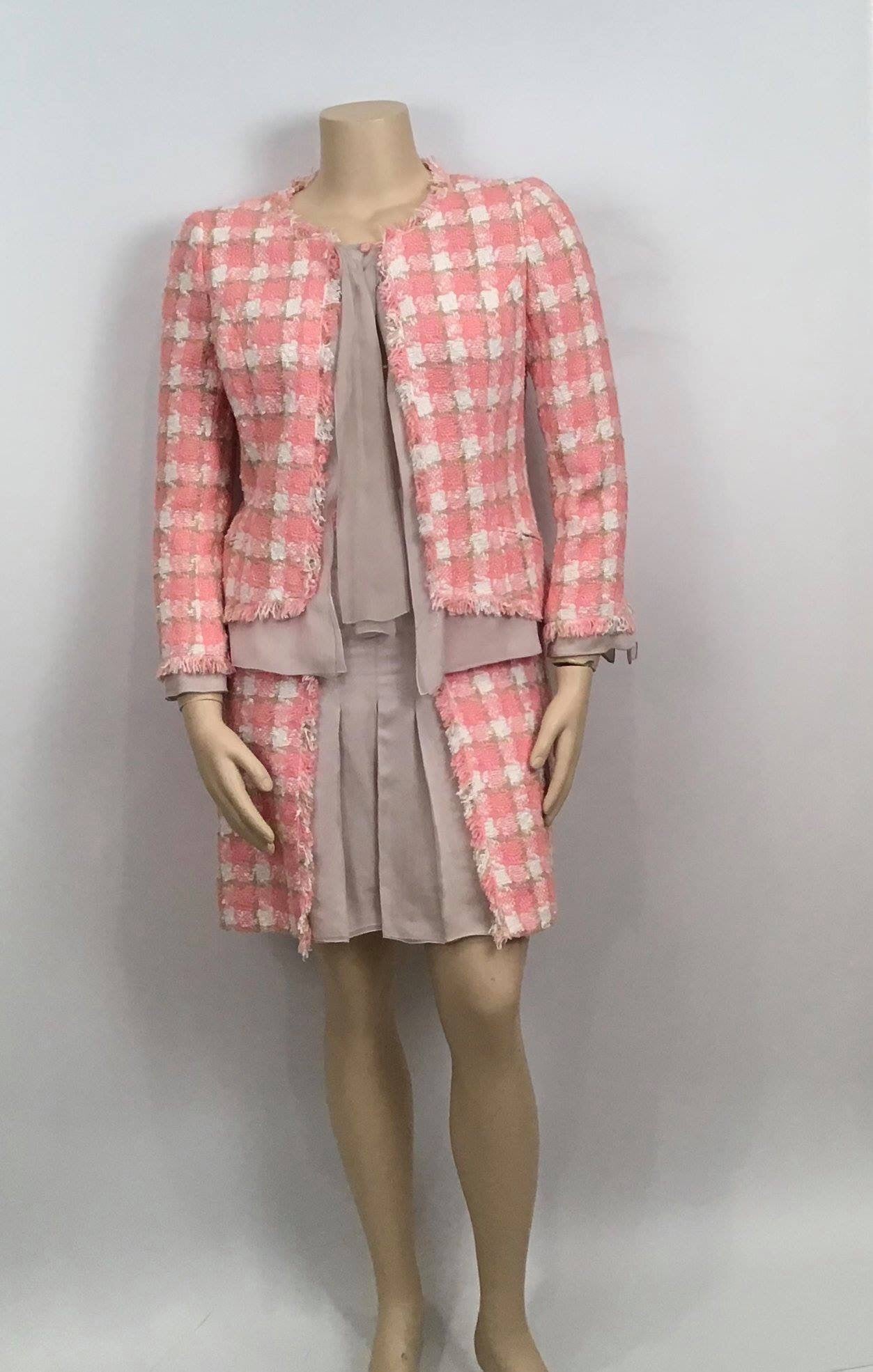 Chanel 04C, 2004 Cruise Resort tweed Chiffon Pink Taupe Jacket Skirt Suit  Set FR 46 US 10/12