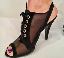 Load image into Gallery viewer, Chanel 10C 2010 Cruise Resort black velvet lace up peep toe mesh bootie sandal heels EU 38