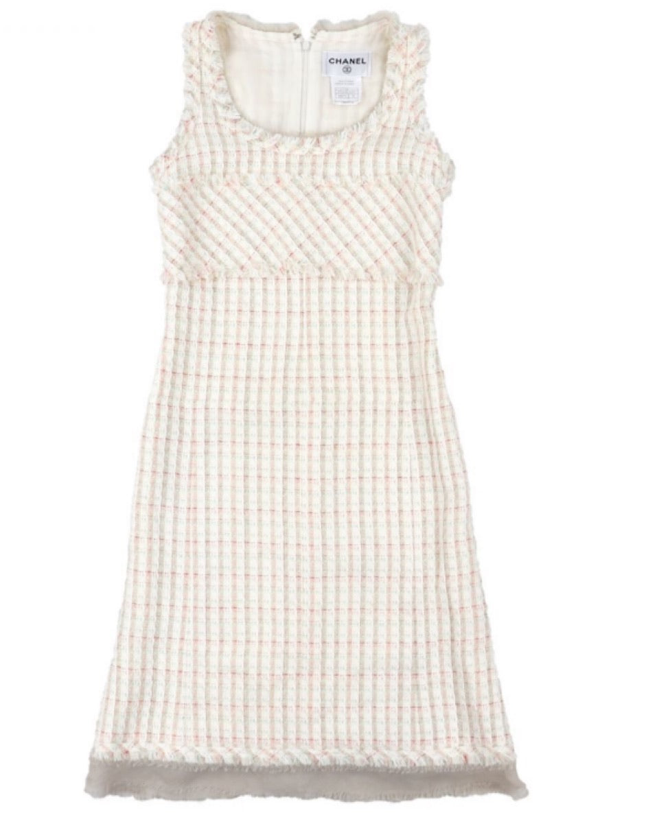 Chanel Vintage 04C 2004 Cruise Resort Ivory multicolor Pink Tweed Fringe Dress FR 42 US 6-8