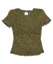Load image into Gallery viewer, Vintage Chanel 98A, 1998 Fall tweed wool pullover short sleeve olive mohair sweater top blouse FR 42 US 6/8/10