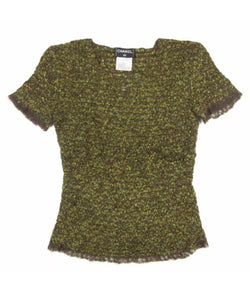 Vintage Chanel 98A, 1998 Fall tweed wool pullover short sleeve olive mohair sweater top blouse FR 42 US 6/8/10