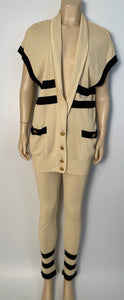 80’s/90’s Rare! Vintage Chanel stretchy pants w matching cardigan Striped Ecru and Black FR 40
