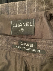 Vintage Chanel Identification 99A, 1999 Fall Gray Brown Pinstripe Pant Suit Set FR 34 US 2