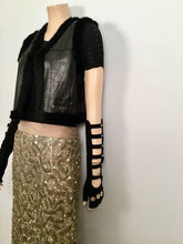 Load image into Gallery viewer, Rare! Chanel Long Fingerless Black Suede leather 08, 2008 Gold CC Logos Caged Gloves Sz 7.5