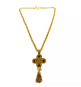 94A Vintage Chanel poured glass Cabechon stones Cross Tassel CC Pendant tassel Necklace Red Green Gold Metal