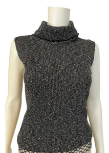Chanel 05A 2005 Fall Gray Metallic Knit Sleeveless Turtleneck Sweater Top FR 38