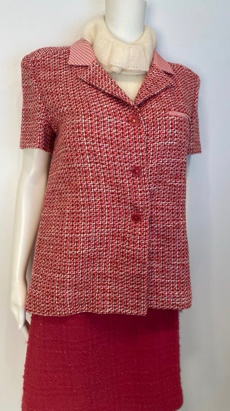 HelensChanel Vintage Chanel 02p, 2002 Spring Pink/Red Short Sleeve Tweed Jacket FR 42