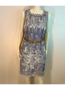 Chanel 14P 2014 Spring Navy Blue White Geometric Sheath Dress FR 40 US 6/8