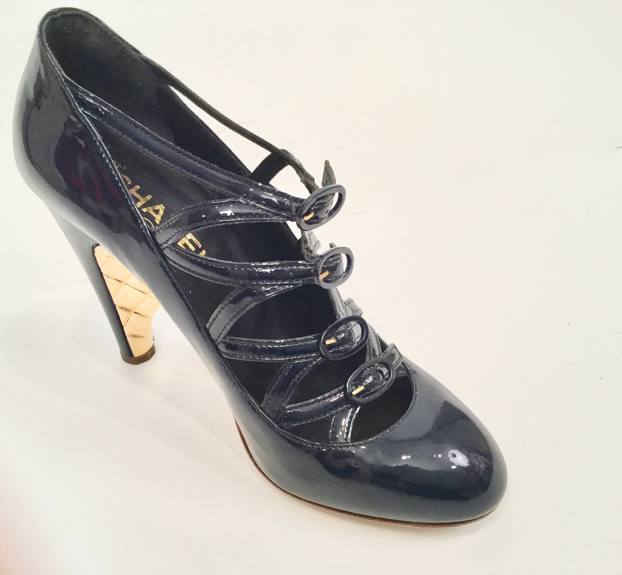 Chanel Navy Blue Patent Leather Quilted Gold Mary Jane Wedge Strap Heels 07A 2007 Fall Novelty Buckled Pumps EU 38 US 7/7.5