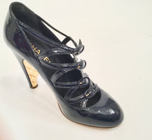 Load image into Gallery viewer, Chanel Navy Blue Patent Leather Quilted Gold Mary Jane Wedge Strap Heels 07A 2007 Fall Novelty Buckled Pumps EU 38 US 7/7.5