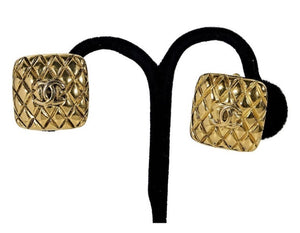 1988 Chanel vintage oversized Square Gold Metal CC Logo Clip on Earrings