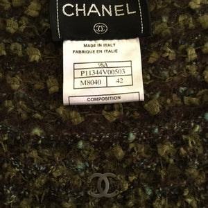 Vintage Chanel 98A, 1998 Fall tweed wool pullover short sleeve olive mohair sweater top blouse FR 42 US 6/8/10