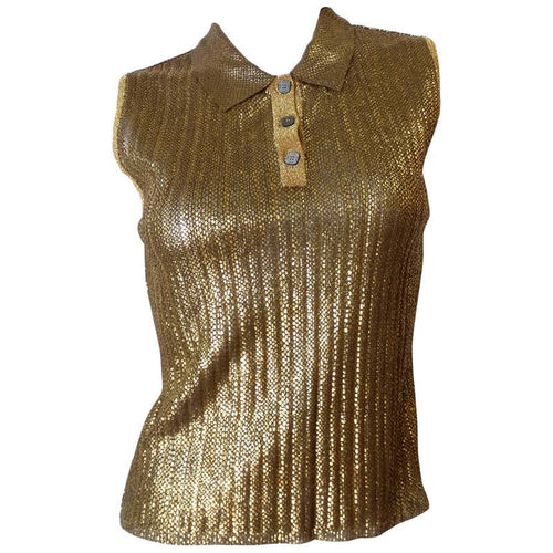 Vintage Chanel 01C 2001 Cruise Resort Sleeveless Gold Metallic Collar Polo Top Blouse FR 44