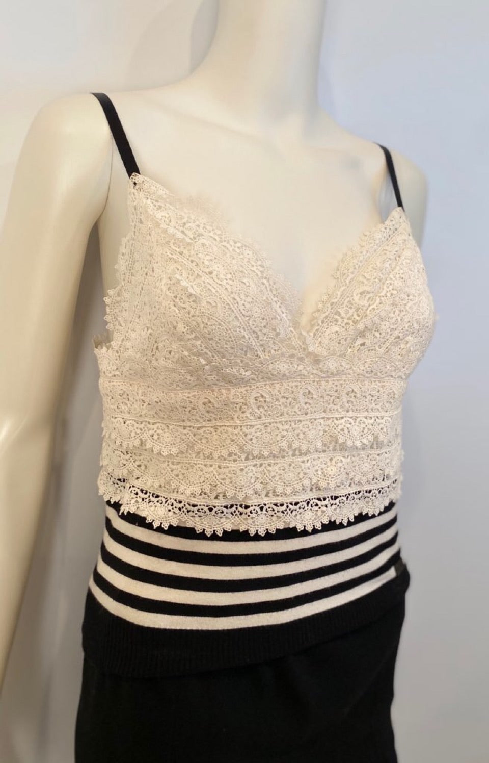 HelensChanel Chanel 05p, 2005 Spring Spaghetti Strap Camisole Lace Crochet Striped Top Blouse FR 38