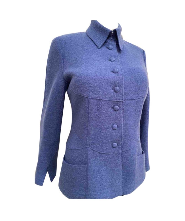 Vintage Chanel 99A, 1999 Fall Blue Boiled Wool Jacket Blazer FR 44