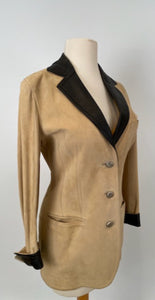 Vintage Chanel 98P 1998 Spring Suede and Lambskin Leather Beige/Dark Brown Trim Jacket FR 36