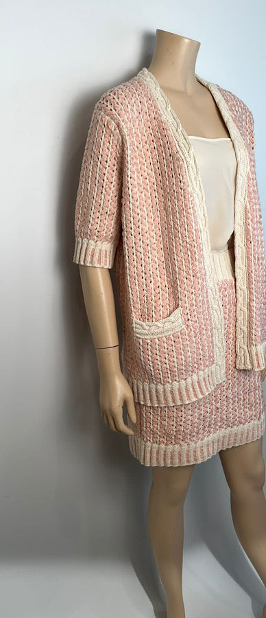 HelensChanel Chanel 18p 2018 Spring Pink Ivory 3 PC Woven Cardigan Skirt Belt Skirt Set FR 36 US 4/6