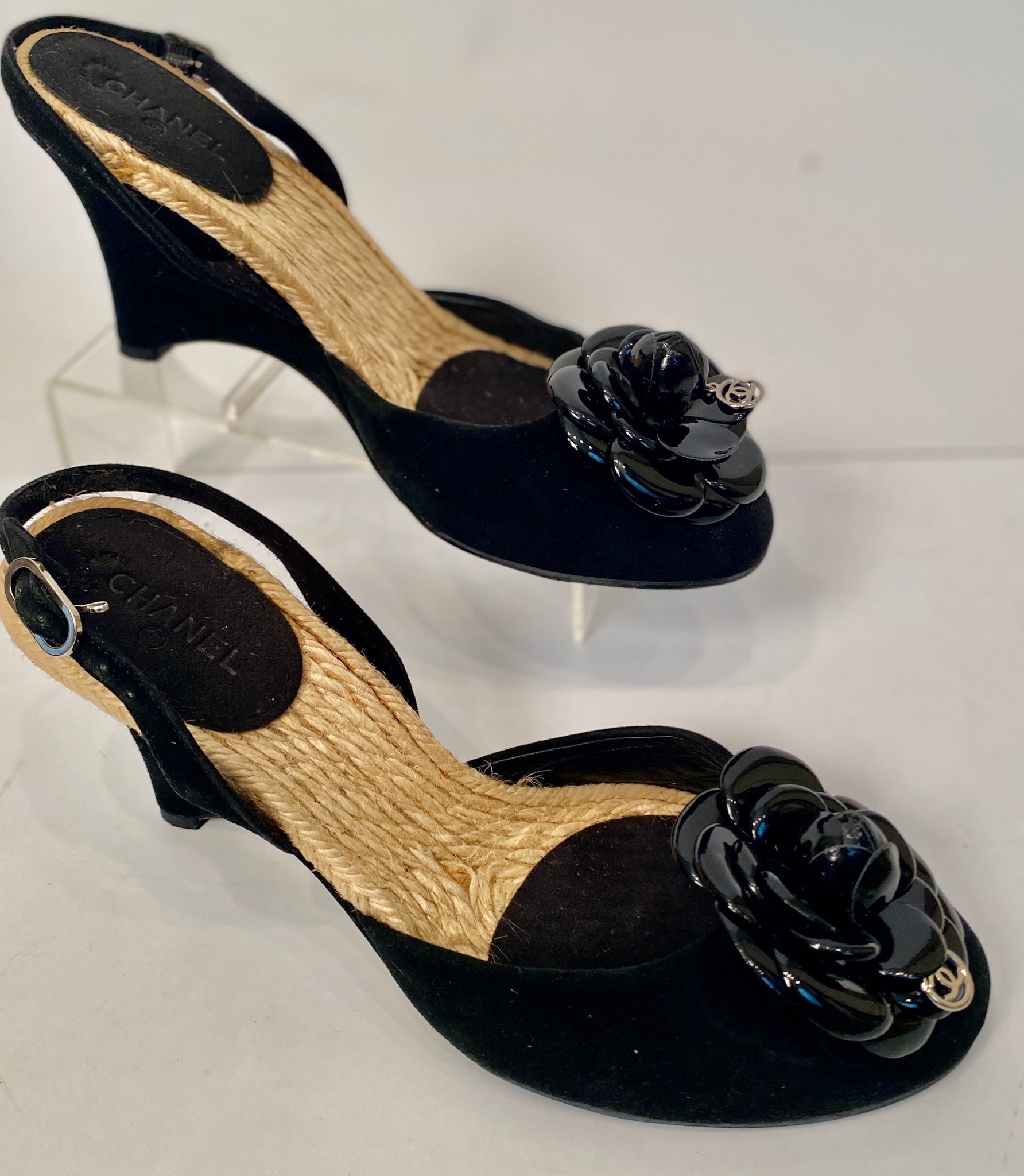 Chanel Black Patent Leather Camellia Embellished Open Toe Wedge Sandals  Size 38 Chanel