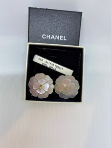 Vintage Chanel 98A Camellia flower clip on enamel mother of pearl Earrings