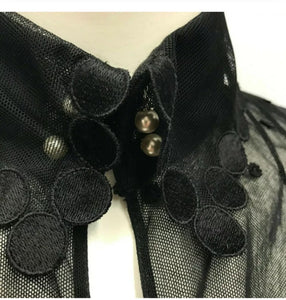Chanel 04P 2004 Spring Black Sheer Lace Pearl Top Blouse lace, pearls,rufflesUS 6