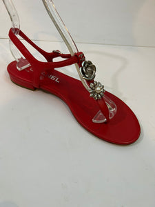 Chanel Red Leather Thong Camellia Flower Pearl Sandals EU 37.5C US 7 Wide