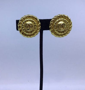 1989 Chanel Vintage Clip on Round Gold Metal CC logo Earrings