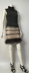 Rare New with Tags Chanel 03A 2003 Fall Beige Brown Pearl Feather Trim Mini Skirt  FR 38