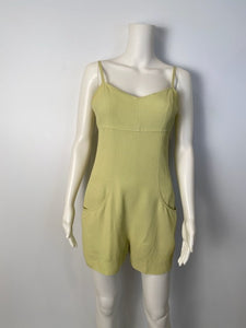 97P, 1997 Spring Vintage Chanel Boutique Lime Green Jumpsuit Shorts Romper FR 38 US 6/8