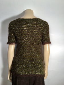 Vintage Chanel 98A, 1998 Fall tweed wool pullover short sleeve olive mohair sweater top blouse FR 42 US 6/8/10