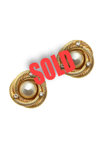 1980 Rare Chanel Vintage Pearl Gold Metal Crystal Clip On Earrings