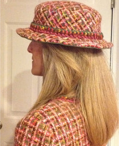 Vintage Chanel pink green multicolor wool tweed hat size 57