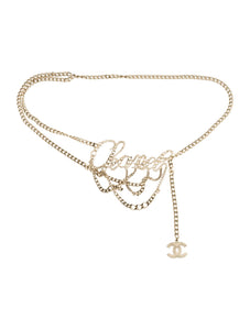 Rare 06C, 2006 Cruise Chanel cursive letters multi strand silver tone belt necklace 38” long